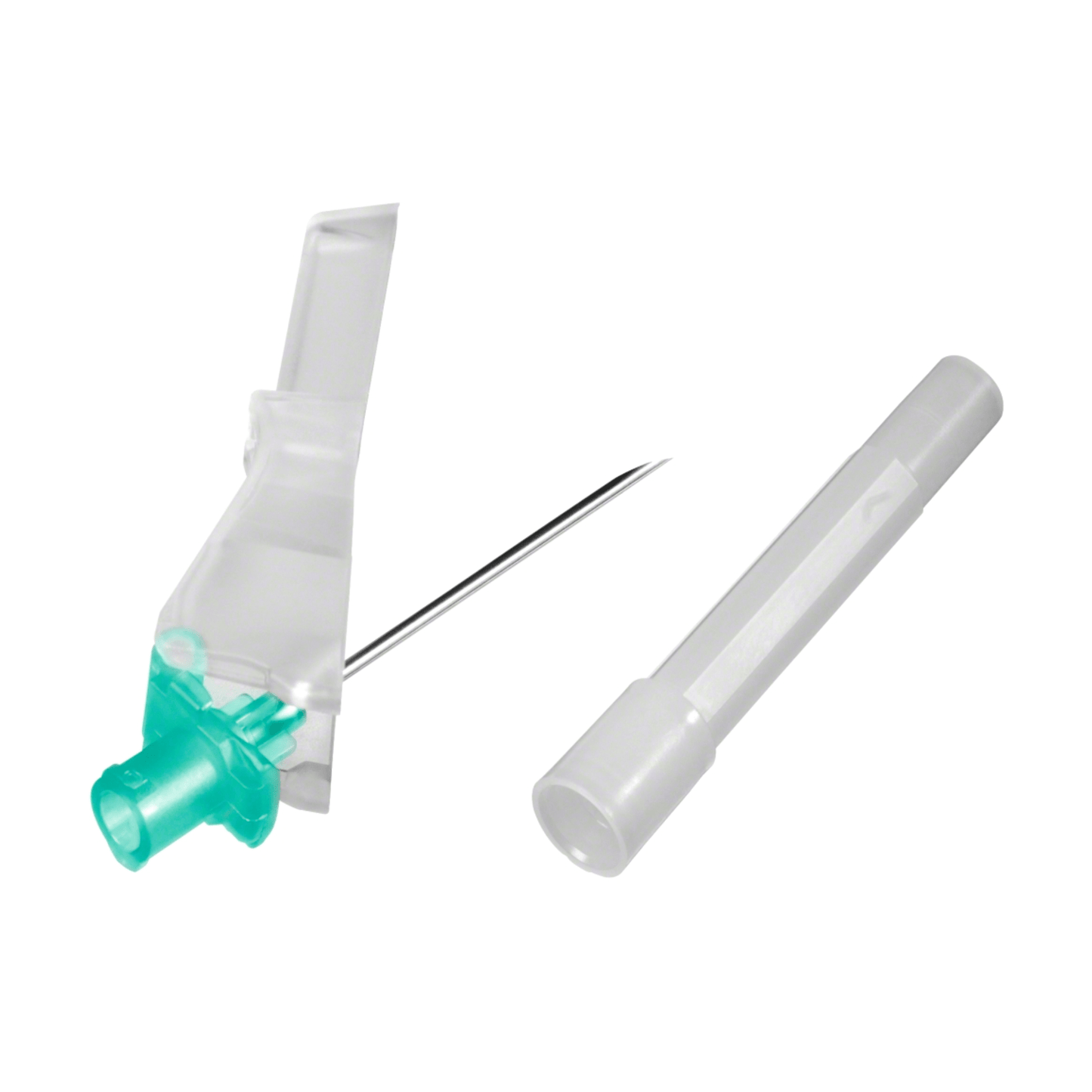 Una B. Braun Sterican® Safety cannula di sicurezza per iniezioni, che presenta a un'estremità un cappuccio di plastica blu-verde e all'altra estremità una guaina trasparente, è posizionata in diagonale, con un cappuccio bianco separato accanto su uno sfondo bianco semplice. Questo mostra il meccanismo di sicurezza delle moderne cannule di sicurezza per iniezioni di B. Braun Deutschland GmbH & Co. KG.