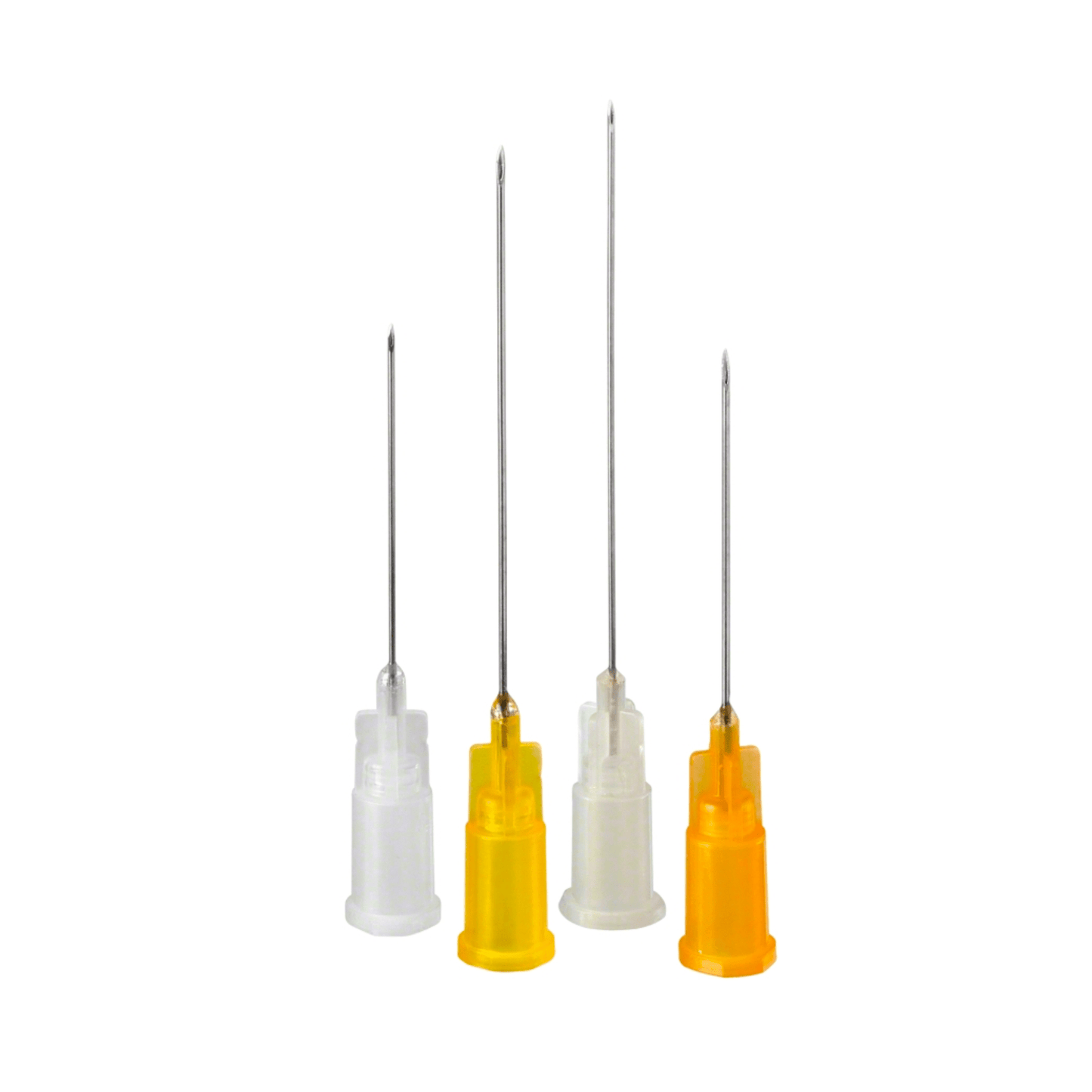 Quattro aghi per iniezione con basi colorate sono in posizione verticale. Le basi assomigliano a quelle dei prodotti per anestesia dentale B.Braun Sterican® e sono bianche, gialle e arancioni. Queste cannule monouso sono destinate all'uso in anestesia dentale da parte di B. Braun Deutschland GmbH & Co. KG e variano in lunghezza dalla più corta alla più lunga.