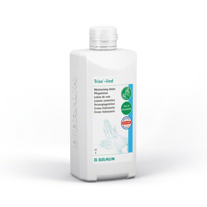 Una bottiglia bianca con la scritta "B. Braun Trixo®-lind lozione per la cura" di B. Braun Deutschland GmbH & Co. KG, su cui è visibile un simbolo di mano verde. L'etichetta sottolinea la formula idratante con pH neutro per la pelle e testo multilingue, adatta per un uso frequente.