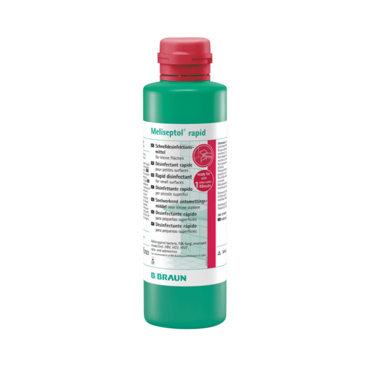 Bottiglia verde B. Braun Meliseptol® rapid disinfezione rapida con tappo rosso. L'etichetta contiene testo in più lingue e presenta un logo rosso centrale e rotondo che evidenzia l'efficacia nella pulizia delle superfici. Il nome del marchio B. Braun Deutschland GmbH & Co. KG è elegantemente rappresentato in lettere blu nella parte inferiore.