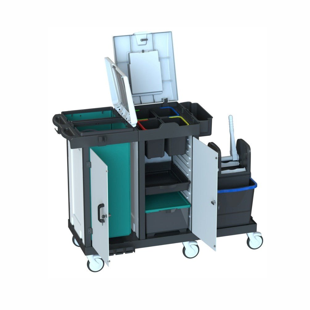 Il carrello di pulizia medico Arcora Bora Medical 750 X-Line con sistema di scatole di Arcora International GmbH è un carrello di pulizia medico (1415 x 600 x 1115 mm) con quattro ruote, scomparti aperti, ripiani visibili e scaffali per la conservazione organizzata dei materiali di consumo.