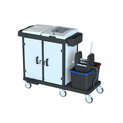 Il carrello di pulizia Arcora Bora Medical 750 X-Line di Arcora International GmbH è dotato di un sistema di scatole, due scomparti chiusi, due ripiani con coperchio e un secchio per mop con dispositivo di strizzatura e maniglie laterali; dimensioni: 1415 x 600 x 1115 mm.