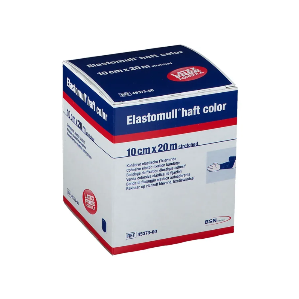 In esposizione c'è una scatola di colori BSN Elastomull® haft della BSN Medical GmbH, prevalentemente in blu e bianco con accenti rossi. Le dimensioni "10 cm x 20 m esteso" sono chiaramente visibili. Questo prodotto polimerico senza lattice è descritto come una benda di fissaggio elastica e coesiva.