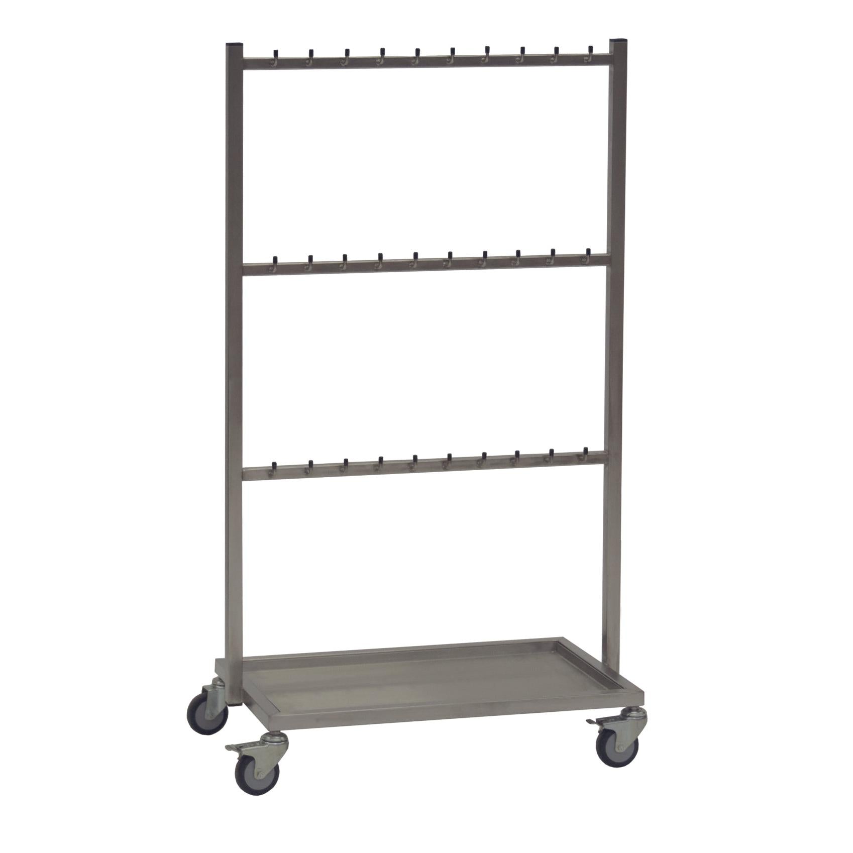 Der Novocal Bauchtuchwagen aus Edelstahl bietet 3 Querstreben mit je 10 Haken, vier Rollen und eine Edelstahlbodenwanne-ideal zur Organisation in Krankenhauseinrichtungen oder als medizinischer Wagen.