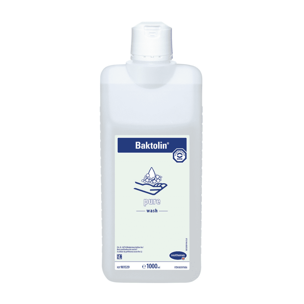 Una bottiglia da 1000 ml di lozione lavante Hartmann Baktolin® pure con etichetta bianco-blu, un logo con due mani sotto gocce d'acqua e formulata con tensioattivi delicati sulla pelle.