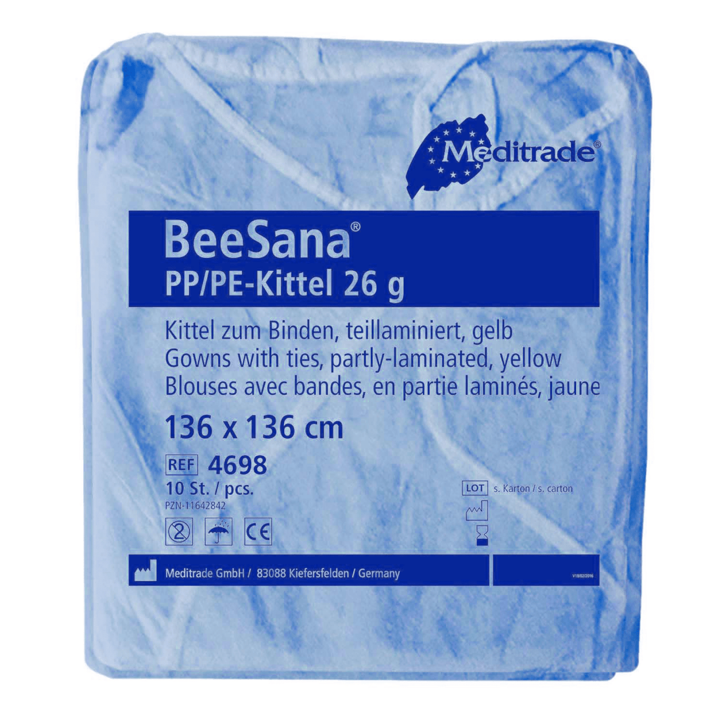 Un Meditrade BeeSana® PP/PE camice 26g confezionato in blu, confezione da 10, etichettato con testo che indica dettagli del prodotto come materiale, colore, dimensione e quantità di confezionamento. Questo camice è progettato come protezione.