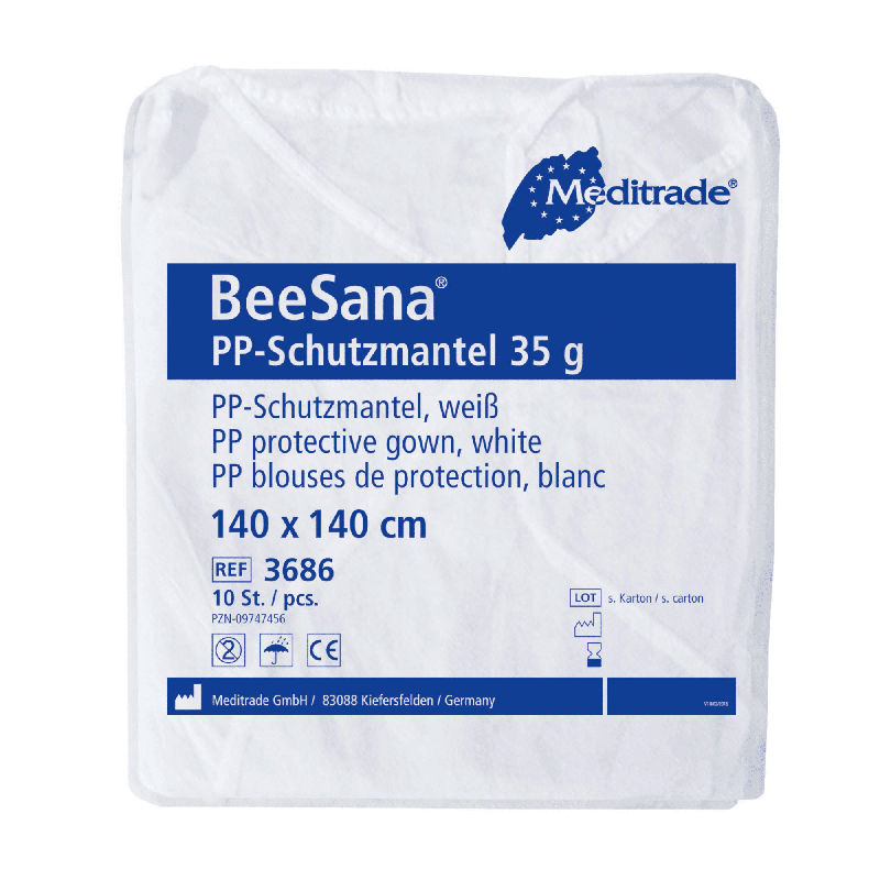 Imballaggio per il camice protettivo PP Meditrade BeeSana® 35g, un camice protettivo bianco per uso ospedaliero della Meditrade GmbH. L'imballaggio ha le dimensioni di 140 x 140 cm ed è ideale per l'uso singolo. Contiene un totale di 100 pezzi per confezione.