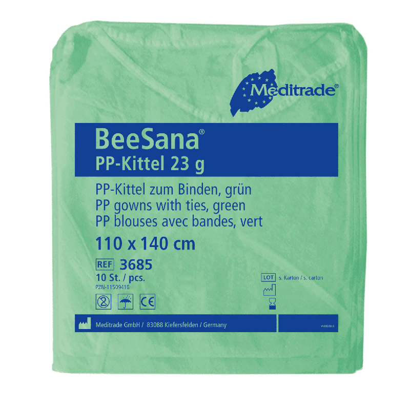 Una confezione verde di Meditrade BeeSana® PP-Kittel 23g contiene un testo in tedesco e francese che descrive il camice protettivo monouso traspirante con lacci nelle dimensioni 110 x 140 cm. Ogni scatola della Meditrade GmbH contiene 100 pezzi.