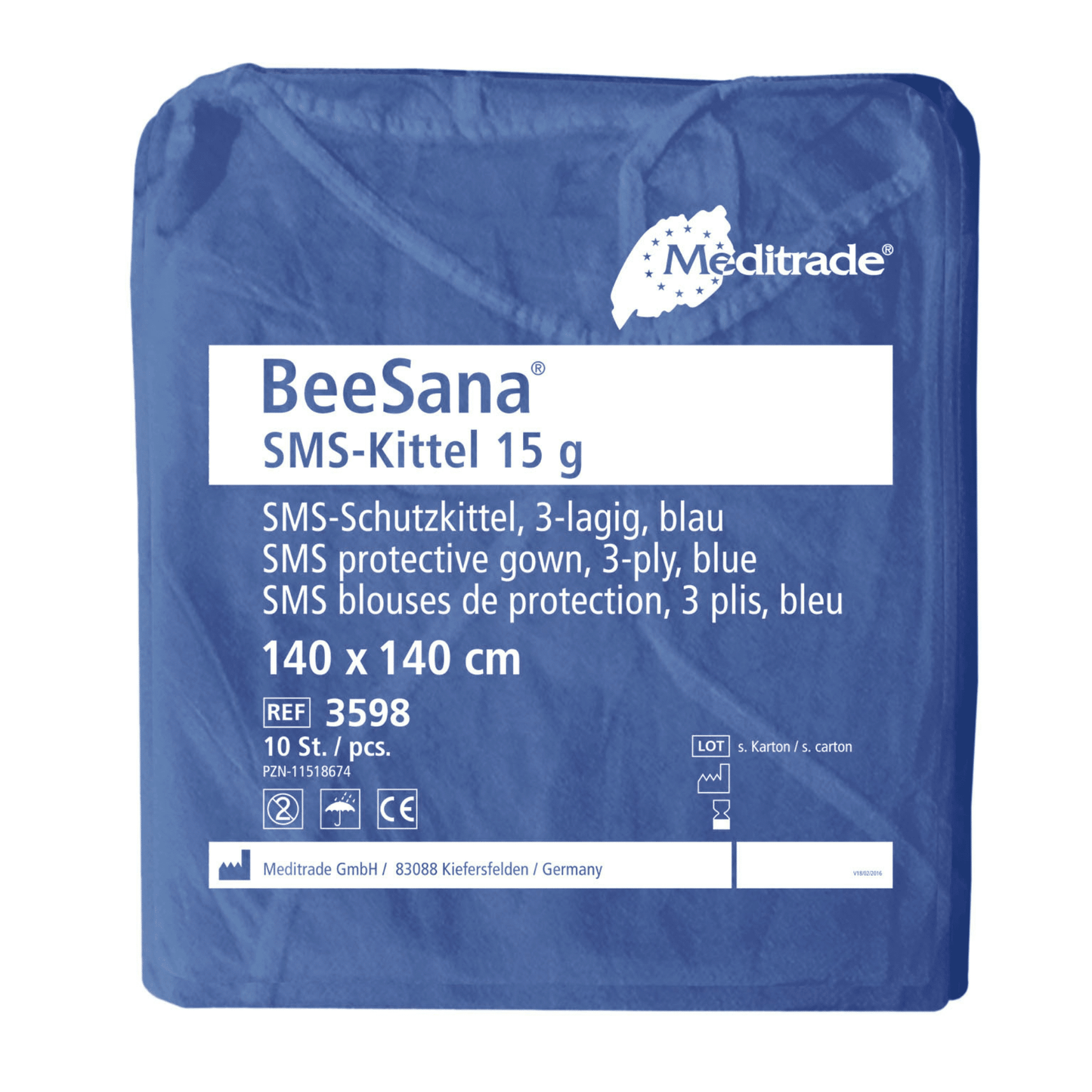 Una confezione di 100 camici Meditrade BeeSana® SMS 15g (articolo in esaurimento) di Meditrade GmbH, per uso singolo. Informazioni sull'articolo in tedesco, inglese e francese.