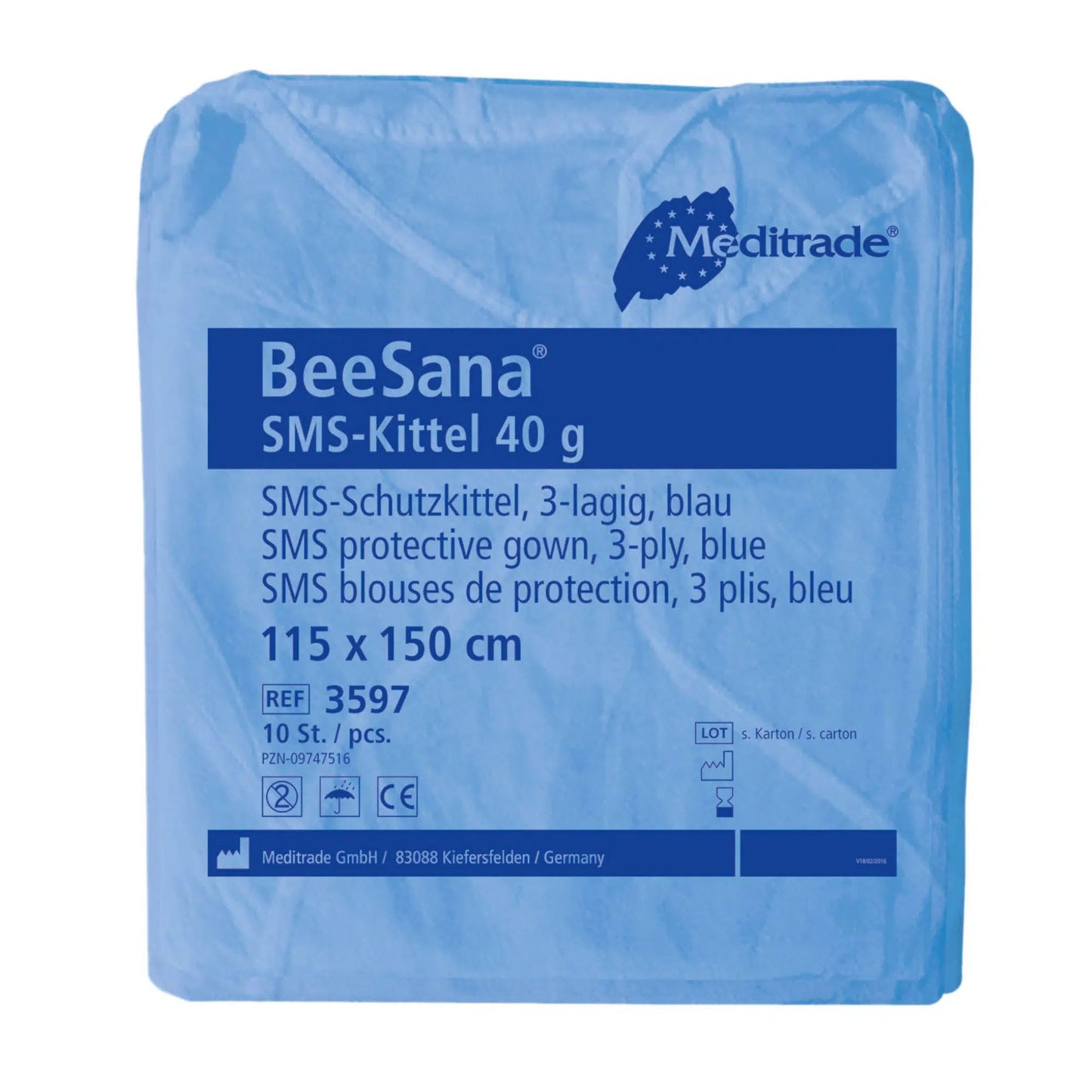 Una confezione sigillata di Meditrade BeeSana® SMS camici 40g, a 3 strati, della Meditrade GmbH, con 10 pezzi. La confezione contiene dettagli del prodotto e loghi di certificazione.