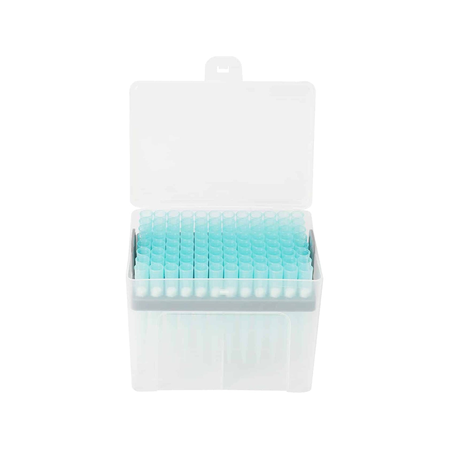 Le punte per pipette sterili Altruan da 1000 µl, con filtro, sono alloggiate in una scatola di plastica con coperchio aperto, in cui 96 punte monouso blu sono disposte in verticale, per essere organizzate e pronte all'uso in laboratorio.