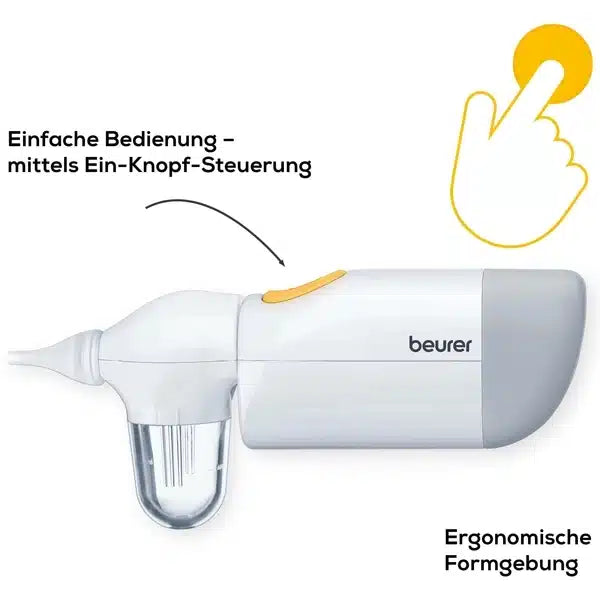 L'articolo fuori produzione: Beurer aspiratore nasale NA 20 per bambini della Beurer GmbH ha un design bianco-grigio, un contenitore trasparente, un pulsante giallo, un testo in tedesco per una pulizia nasale delicata e un'operazione ergonomica a un pulsante, oltre a un'illustrazione del pulsante premuto.
