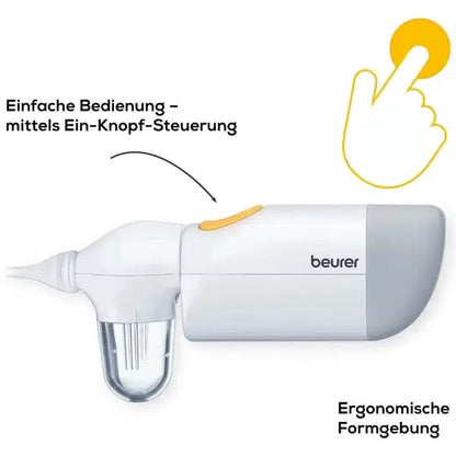 L'articolo fuori produzione: Beurer aspiratore nasale NA 20 per bambini della Beurer GmbH ha un design bianco-grigio, un contenitore trasparente, un pulsante giallo, un testo in tedesco per una pulizia nasale delicata e un'operazione ergonomica a un pulsante, oltre a un'illustrazione del pulsante premuto.