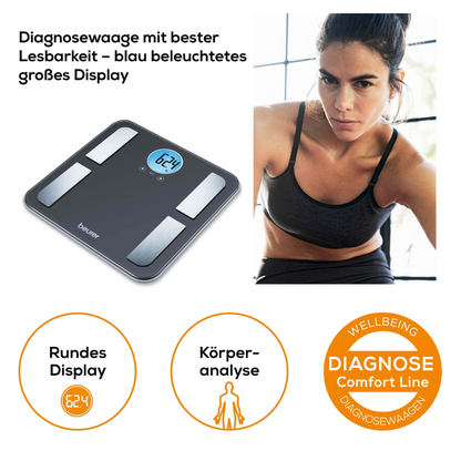 L'immagine mostra una bilancia diagnostica Beurer BF 195 della Beurer GmbH. È una bilancia diagnostica digitale con funzione di analisi corporea e display LCD blu. Accanto alla bilancia c'è una donna in abbigliamento sportivo. Le caratteristiche principali includono il display rotondo e chiaro e l'analisi completa del corpo intero. Le etichette recitano "Display rotondo", "Analisi corporea" e "Linea Comfort Diagnostica".