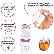 La spazzola per il viso Beurer FC 95 Pureo Deep Cleansing di Beurer GmbH dispone di una testa rotonda e un pulsante di accensione illuminato. Un'immagine mostra una donna che utilizza la spazzola sulla guancia, accompagnata da un testo che evidenzia le rotazioni circolari e oscillanti per risultati di pulizia profonda. Un'altra immagine mostra un frutto pulito sotto l'acqua corrente. Il testo è in tedesco e afferma che la spazzola è adatta a ogni tipo di pelle.