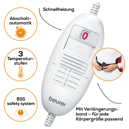 Immagine di un controller bianco Beurer HK 55 Heizkissen Easyfix della Beurer GmbH. Dispone di 3 impostazioni di temperatura, una funzione di spegnimento automatico e un sistema di sicurezza BSS. Il testo tedesco indica che dispone di un riscaldamento rapido per un riscaldamento veloce e una cintura di estensione adatta per addome, schiena, articolazioni o qualsiasi altra taglia del corpo.