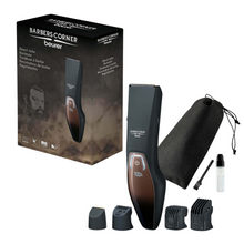 Immagine del set HR 4000 Bartstyler di Beurer da „Barber’s Corner“ della Beurer GmbH. Contiene il tagliabarba, quattro diversi accessori per il taglio, una spazzola per la pulizia, olio, una borsa con cordoncino e la scatola con l'immagine del trimmer con lama in acciaio inossidabile e marchio.