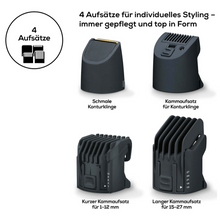 Il Beurer HR 4000 Bartstyler di Beurer GmbH è dotato di quattro accessori intercambiabili per il taglio dei capelli, ideali per ogni tagliabarba. Questi includono una lama stretta per contorni, un accessorio corto per pettine da 1-12 mm, un accessorio lungo per pettine da 15-27 mm e un accessorio per contornare. Sulla confezione (1 pezzo) è presente anche un testo in tedesco.