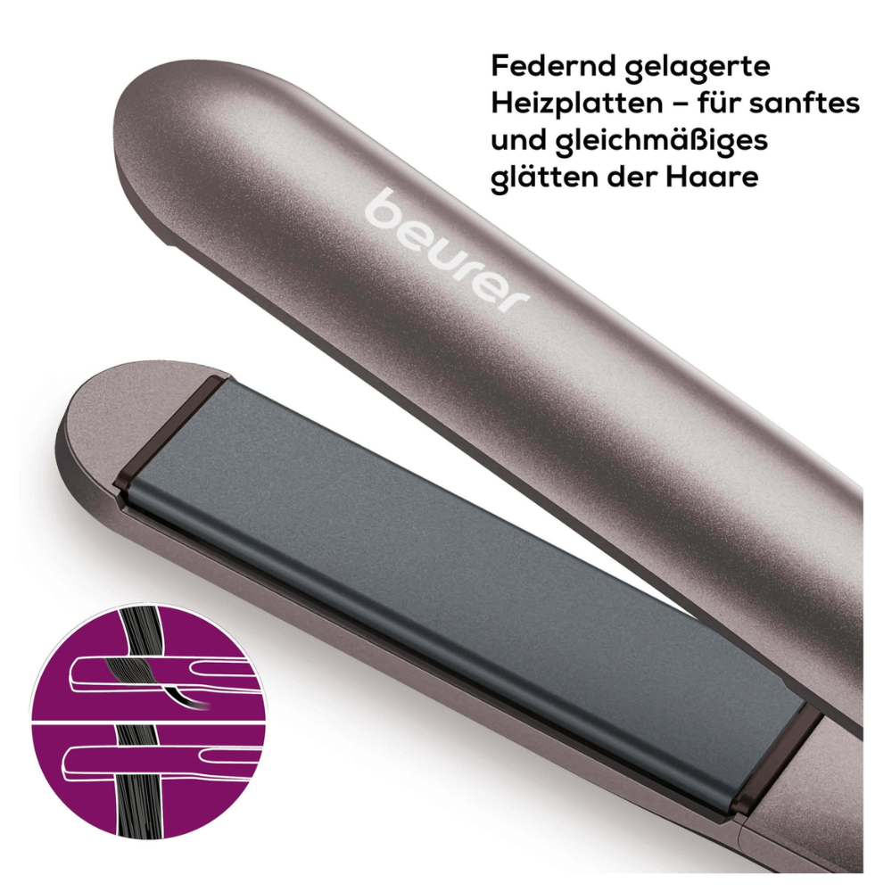 Un primo piano di un Beurer HS 15 Ferro da stiro. L'immagine mette in evidenza le piastre riscaldanti montate a molla con rivestimento in ceramica, progettate per una stiratura delicata e uniforme dei capelli. Un diagramma inserito mostra come le piastre stirano i capelli. Un testo in tedesco di Beurer GmbH descrive la funzione.