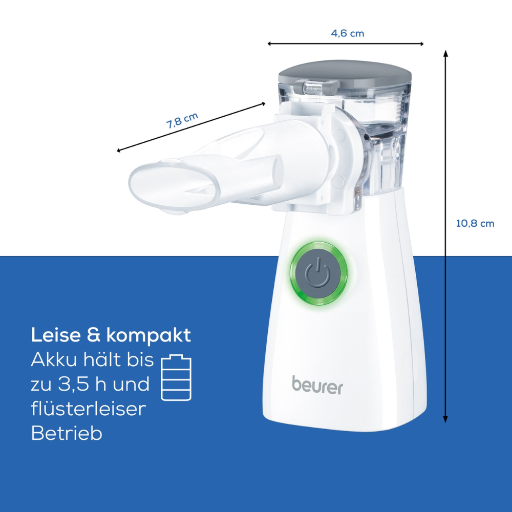 L'inalatore Beurer IH 57 con tecnologia a membrana oscillante della Beurer GmbH, disponibile in bianco con dimensioni di 4,6 cm di larghezza, 7,8 cm di profondità e 10,8 cm di altezza, è dotato della tecnologia innovativa a membrana oscillante. Dispone di un pulsante di accensione e di una spia di controllo verde. Il testo tedesco sottolinea che è silenzioso e compatto e ha un'autonomia della batteria fino a 3,5 ore.