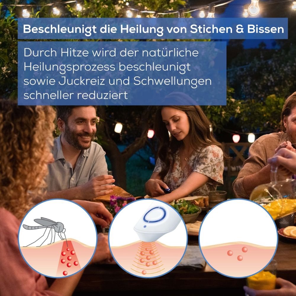 Un gruppo di persone si riunisce di notte all'aperto attorno a un tavolo, illuminato da una luce regolabile. Il testo in tedesco sopra l'immagine spiega i vantaggi dell'applicazione del calore per alleviare il prurito e il gonfiore dopo morsi e punture. Tre diagrammi illustrano il processo del guaritore per punture di insetti BR 90 (1 pezzo) Beurer della Beurer GmbH.