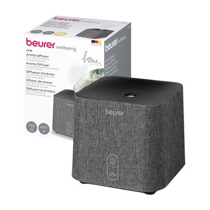 Immagine di un diffusore di aromi Beurer LA 35 davanti alla sua confezione. Il diffusore della Beurer GmbH è grigio con una struttura in tessuto e dispone di un unico pulsante di controllo sulla parte anteriore. Utilizza nebulizzazione a ultrasuoni per un'atomizzazione efficace e sulla scatola sono raffigurati lo stesso diffusore, il nome del prodotto e i dettagli in più lingue.