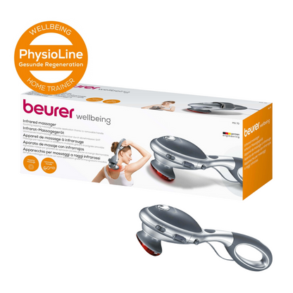 L'immagine mostra un Beurer dispositivo per massaggi a infrarossi MG 70 | Confezione (1 pezzo) di Beurer GmbH. La confezione evidenzia le sue funzioni in diverse lingue. Il dispositivo stesso, oltre alla confezione, dispone di un manico removibile e nodi a infrarossi per la terapia di massaggio a percussione. Inoltre, si vede un logo PhysioLine.