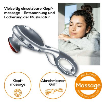A sinistra è raffigurato un Beurer dispositivo per massaggi a infrarossi MG 70 con manico removibile. A destra, una donna riposa con gli occhi chiusi e un volto sorridente su mani piegate. Il testo è in tedesco e mette in evidenza vantaggi come il rilassamento muscolare e la versatilità.