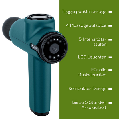 Una pistola da massaggio MG 99 compact Beurer blu-verde di Beurer GmbH è mostrata accanto a un elenco verde di funzioni. I punti salienti includono massaggio a punto trigger, 4 accessori, 5 livelli di intensità, luci LED, adatta a tutti i gruppi muscolari, design compatto e fino a 5 ore di durata della batteria con batteria agli ioni di litio.