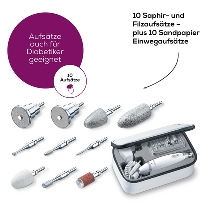 Il set per manicure/pedicure Beurer MP 62 della Beurer GmbH è mostrato con un set di 10 accessori per la cura delle unghie, inclusi accessori in zaffiro, feltro e carta vetrata. Questi accessori sono progettati per adattarsi al dispositivo portatile per la cura delle unghie che dispone di una luce LED ed è mostrato in una custodia con cerniera. Questo set garantisce risultati professionali a casa.