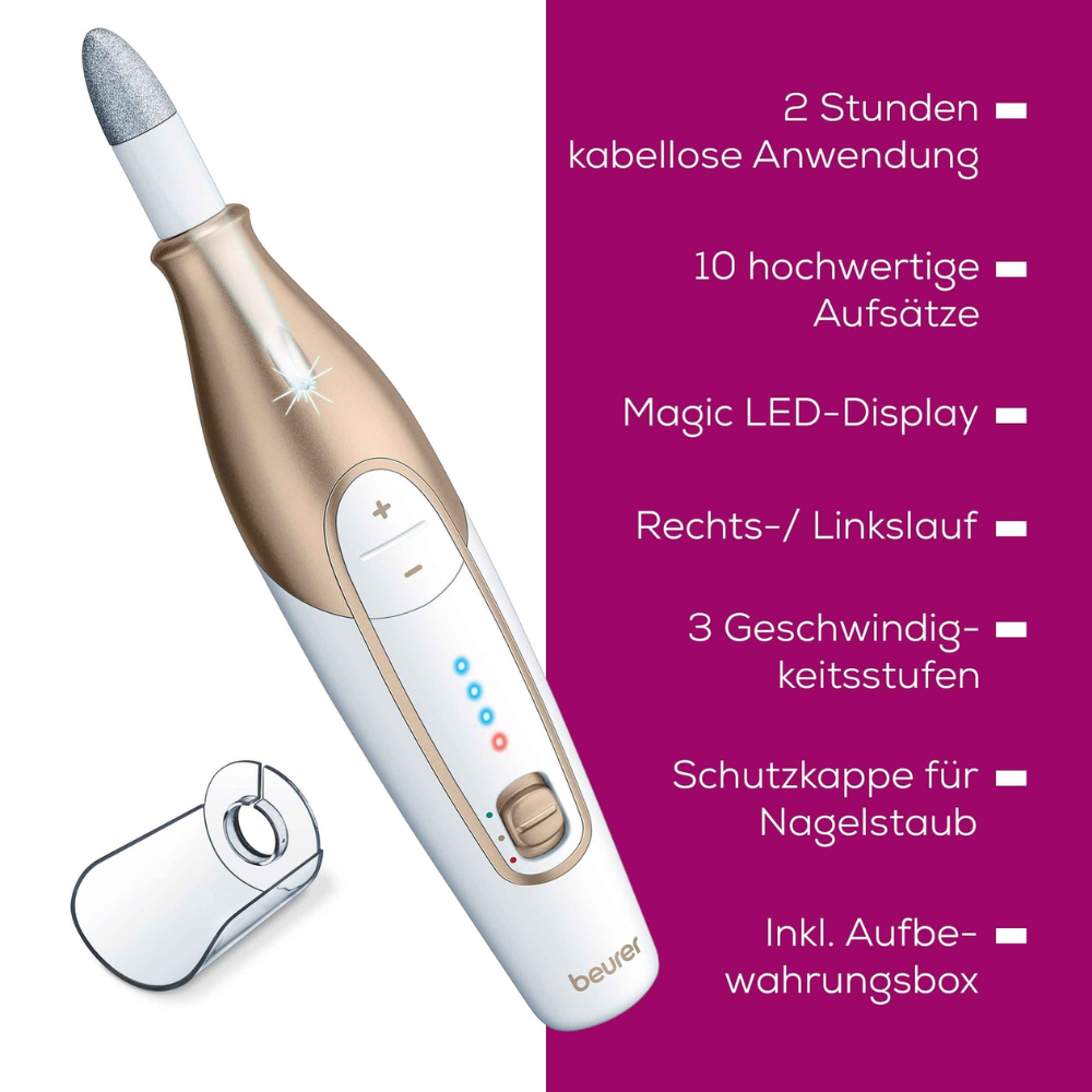 Il set per manicure/pedicure Beurer MP 64 della Beurer GmbH include una lima elettrica per unghie dotata di 10 accessori in zaffiro e feltro. Dispone di un display LED magico, offre fino a 2 ore di funzionamento senza fili, supporta rotazione a destra e sinistra con tre velocità e viene fornito con un coperchio protettivo per la polvere delle unghie e una pratica scatola per la conservazione.