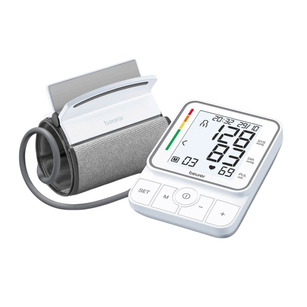 L'articolo fuori produzione Beurer GmbH: il misuratore di pressione arteriosa da braccio BM 51 easyClip è dotato di un bracciale easyClip grigio, un display bianco per pressione sanguigna, ora, data, diversi pulsanti e un indicatore a colori.