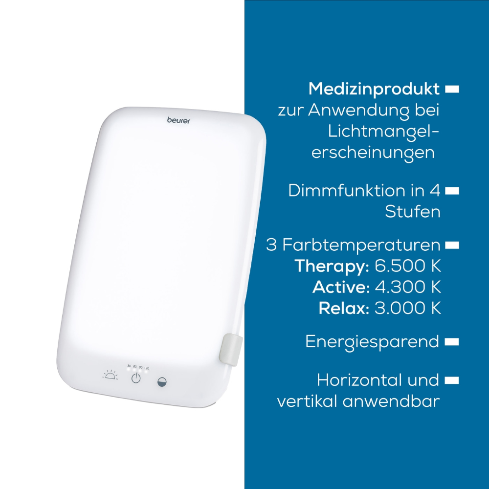 Immagine della lampada diurna Beurer TL 35 su sfondo bianco. La lampada è bianca e rettangolare con angoli arrotondati. Il testo nell'immagine descrive le funzioni del prodotto, tra cui luminosità regolabile con un dimmer, tre temperature di colore ed efficienza energetica. Il prodotto è realizzato dalla Beurer GmbH e viene fornito in una confezione con un pezzo.