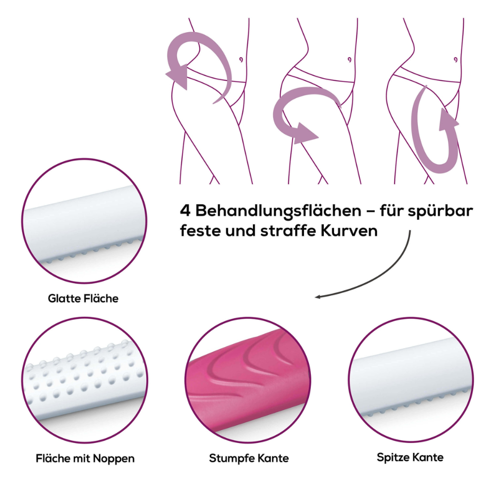 Illustrazione del Beurer cellulite releaZer® compact, dispositivo per massaggi anticellulite | Confezione (1 pezzo), con quattro aree di trattamento per rassodare visibilmente e tonificare le curve. I diagrammi mostrano parti del corpo e primi piani delle loro superfici: liscia, strutturata con nodi, bordo smussato e bordo appuntito. Un testo esplicativo in lingua tedesca descrive le funzioni fornite dalla Beurer GmbH.