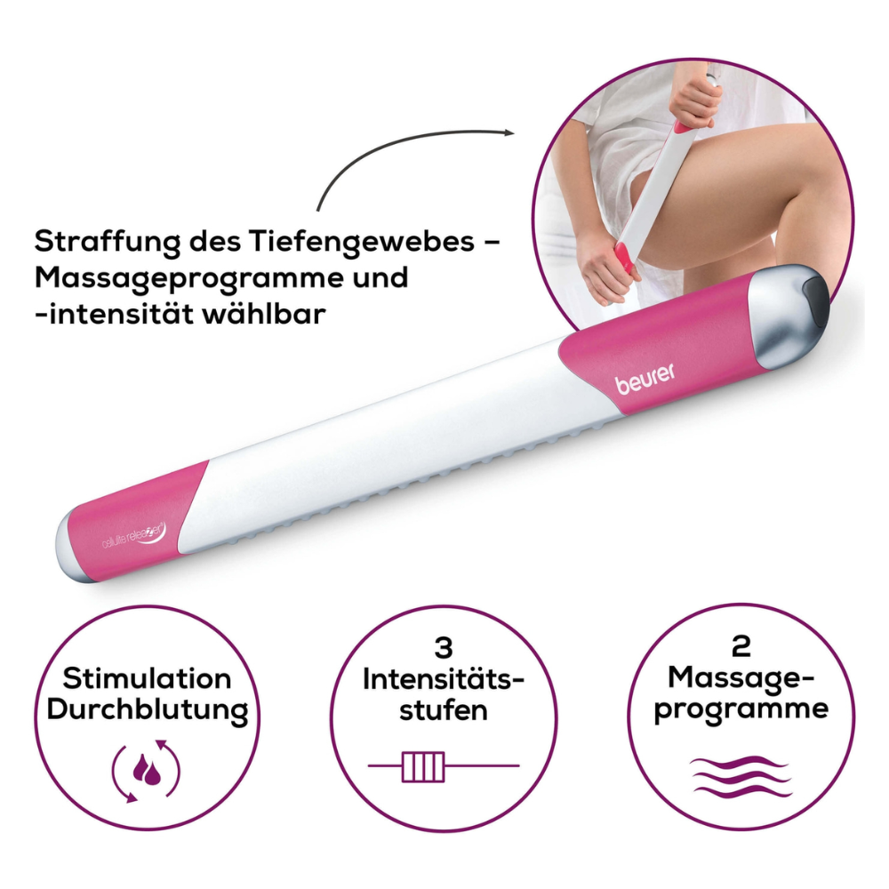 Immagine di un dispositivo per massaggi Beurer con testo e simboli in tedesco. L'illustrazione mostra una donna che utilizza il Beurer cellulite releaZer® compact, dispositivo per massaggi anticellulite | Confezione (1 pezzo) sulla sua coscia. Vengono evidenziate funzioni come rassodamento profondo dei tessuti, programmi e intensità di massaggio selezionabili, miglioramento della circolazione sanguigna, tre livelli di intensità e due programmi di massaggio.