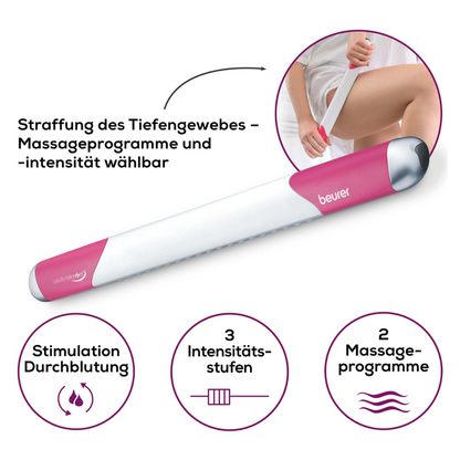 Immagine di un dispositivo per massaggi Beurer con testo e simboli in tedesco. L'illustrazione mostra una donna che utilizza il Beurer cellulite releaZer® compact, dispositivo per massaggi anticellulite | Confezione (1 pezzo) sulla sua coscia. Vengono evidenziate funzioni come rassodamento profondo dei tessuti, programmi e intensità di massaggio selezionabili, miglioramento della circolazione sanguigna, tre livelli di intensità e due programmi di massaggio.