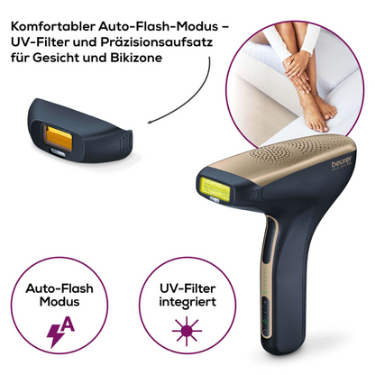 Un'immagine che mostra la Beurer depilazione permanente IPL VelvetSkinPro Black, un prodotto della Beurer GmbH, con filtro UV e accessorio di precisione per viso e zona bikini. Il dispositivo viene mostrato vicino alle gambe di una persona e mette in evidenza i suoi vantaggi per la depilazione permanente. Il testo tedesco descrive le funzionalità: filtro UV, accessorio di precisione e modalità flash automatica.