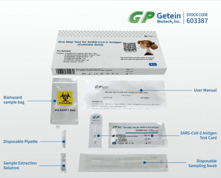 Ein Bild eines Altruan Getein Einstufiger Test für SARS-CoV-2 Antigen-Kits zeigt seine Komponenten: ein Benutzerhandbuch, eine Testkarte, einen Beutel für Biogefährdungsproben, eine Einwegpipette und eine Probenextraktionslösung. Jeder Teil ist deutlich mit Pfeilen gekennzeichnet, um Übersichtlichkeit und Benutzerfreundlichkeit zu gewährleisten.