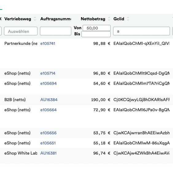 Screenshot di un documento digitale che mostra un elenco di transazioni con colonne per selezione, tipo di attività, ID cliente, importo e valuta. Ogni riga mostra dettagli di transazione diversi relativi ad Altran – Weclapp to Google Offline Conversion Upload.