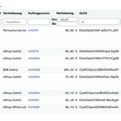 Screenshot di un documento digitale che mostra un elenco di transazioni con colonne per selezione, tipo di attività, ID cliente, importo e valuta. Ogni riga mostra dettagli di transazione diversi relativi ad Altran – Weclapp to Google Offline Conversion Upload.