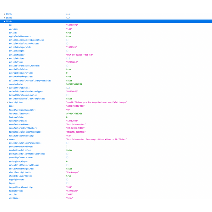 Foto basata su testo di un layout di pannello informativo che mostra una configurazione per un sito web con Altruan ArtikelMeister Feed: Weclapp Articolo JSON / CSV Feed. Contiene diversi campi come "id", "tipo" e