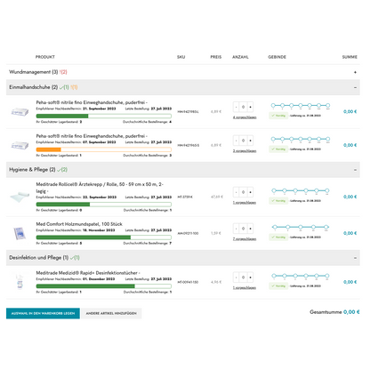 Screenshot di uno strumento di ordine B2B di Shopify di Altruan che mostra forniture mediche come medicazioni, guanti e disinfettanti con immagini, quantità, prezzi personalizzati per i clienti e un importo totale di 0,00 €.