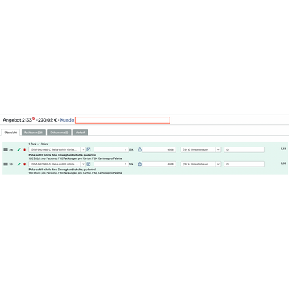 Un'interfaccia B2B WooCommerce tedesca di Altruan mostra "Strumento di ordine B2B Shopify: strumento di ordine con promemoria e prezzi personalizzati per i clienti" con le opzioni quantità, confezione, aliquota fiscale, prezzi personalizzati; Offerta totale: 230,02 € per due articoli.