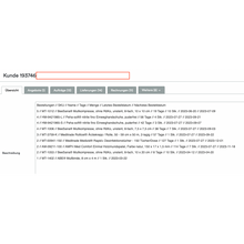 Uno screenshot che mostra un'interfaccia Altruan ClientView Orders con varie schede come "Panoramica", "Offerte" e altro. In alto è evidenziato il numero cliente 193746. La sezione seguente mostra la panoramica clienti Weclapp per prodotti acquistati.
