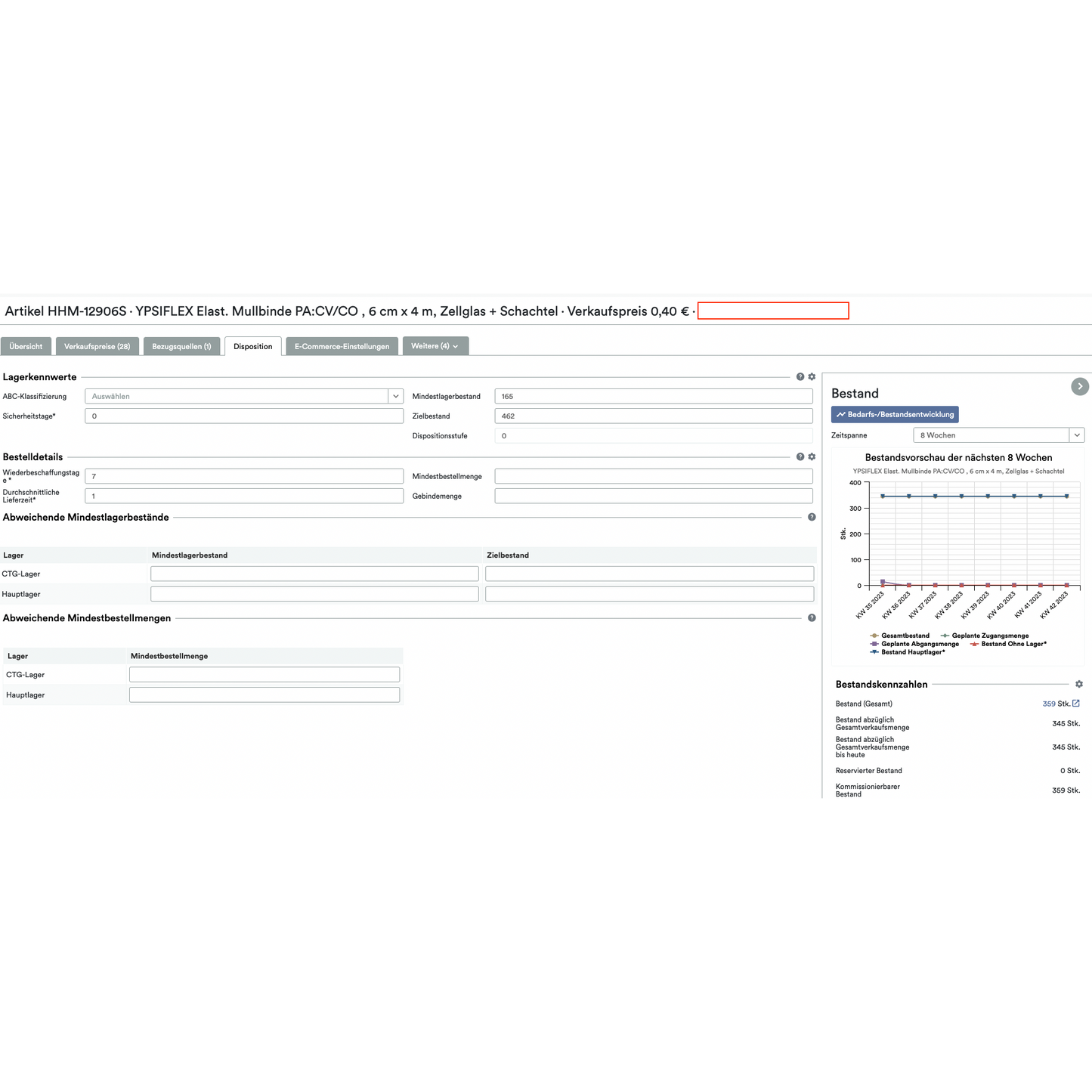 Screenshot di un'interfaccia computerizzata con informazioni dettagliate sul prodotto per un articolo intitolato "SmartStock Calculator: Calcolatore di scorte minime e obiettivi di Weclapp basato sul consumo", che mostra vari attributi, prezzi e un diagramma di vendita tramite il cloud-based Altruan.
