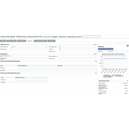 Screenshot di un'interfaccia computerizzata con informazioni dettagliate sul prodotto per un articolo intitolato "SmartStock Calculator: Calcolatore di scorte minime e obiettivi di Weclapp basato sul consumo", che mostra vari attributi, prezzi e un diagramma di vendita tramite il cloud-based Altruan.