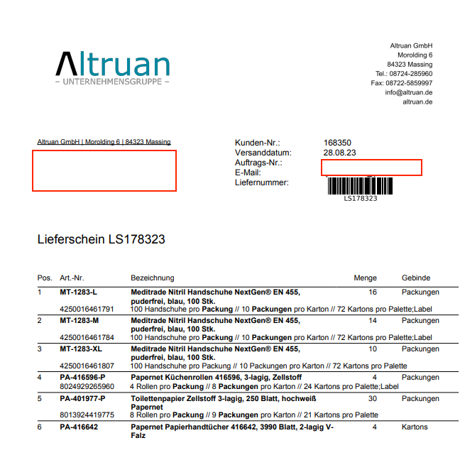 Un'immagine di una bolla di consegna di "Altruan" con dettagli come l'indirizzo del mittente, il numero della fattura e un elenco dettagliato dei prodotti spediti, comprese quantità e tipi di imballaggio.