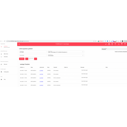 Screenshot dell'interfaccia dell'app Altruan PackMaster per la gestione del fulfillment con schede come "Pianificazione", "Creazione etichetta di spedizione" e altre, oltre a una sezione per inserire dettagli dell'ordine come il numero d'ordine ecc.