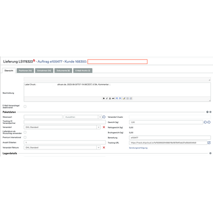 Screenshot dell'interfaccia software logistica dell'app Altruan PackMaster che mostra un ordine con numero cliente e contiene campi di testo e menu a discesa per i dettagli di spedizione, inclusi metodo di consegna e opzioni di imballaggio.