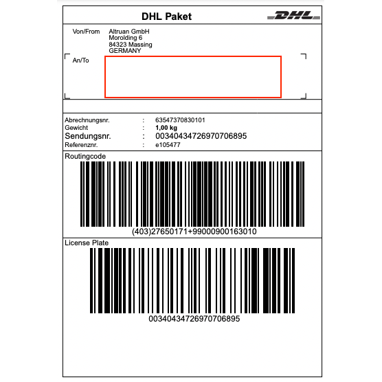 Un'etichetta DHL di Altruan GmbH (Morolding 6, 84323 Massing, Germania) contiene codici a barre e un peso di 1,00 kg con il numero di tracciamento 00340434276970706895. L'indirizzo del destinatario è vuoto per aggiornamenti tramite l'app PackMaster: Weclapp Logistik Packing App per migliorare l'efficienza delle etichette di spedizione.